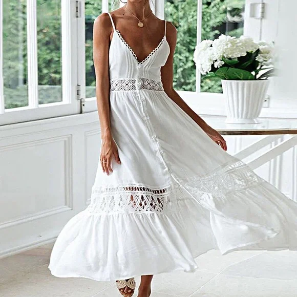 Elegant White Maxi Dress with Lace Details boho - Picture 8 of 10